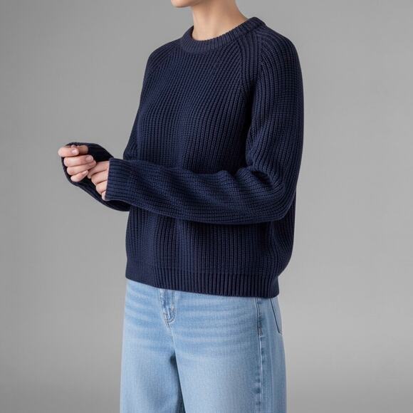 Quince Fisherman Sweater Coastal Nautical Minimalist Textural Knit Navy M - Picture 3 of 10